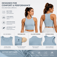 Atasan Olahraga Wanita Custom Logo Kerah Bulat Racerback dengan Bra Terpadu, Crop Top Workout, Vest Yoga Berbantalan, Tank Top Sport