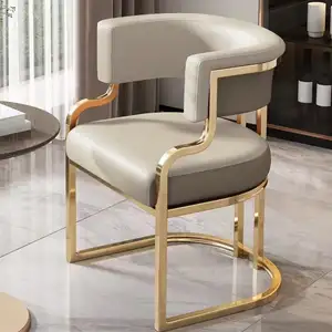 Modern Luxury Cafe Salon Visitor Golden Metal Upholstered Tub Leather Dining Armchair Chairs For Sale