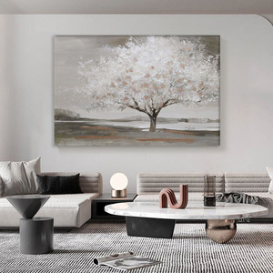 <span class=keywords><strong>Tableau</strong></span> mural sur toile semi-peint à la main, motif <span class=keywords><strong>arbre</strong></span> <span class=keywords><strong>en</strong></span> fleurs, avec cadre <span class=keywords><strong>en</strong></span> bois intégré, peinture décorative aux tons neutres - Product Image 1