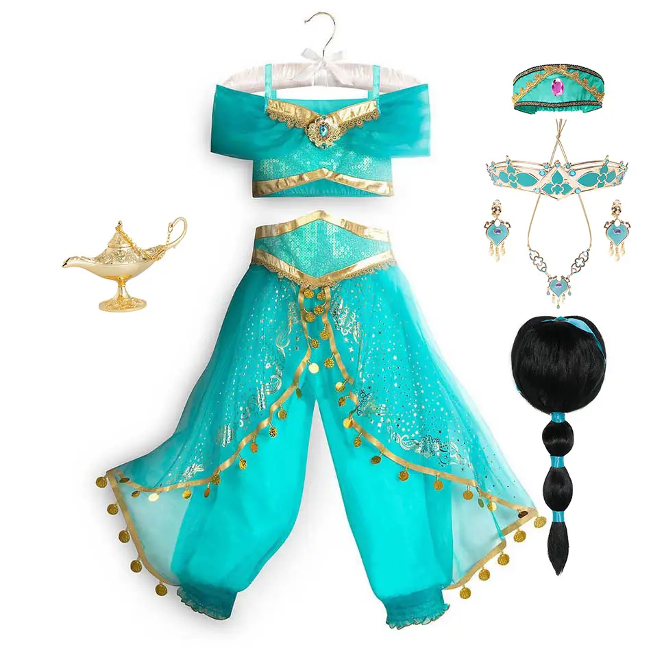 Princess Dress up of and the Magic Lamp Girls Birthday Party Jasmine Cosplay Costume Top+Pants+Headband 2 4 6 8 10 12Yrs