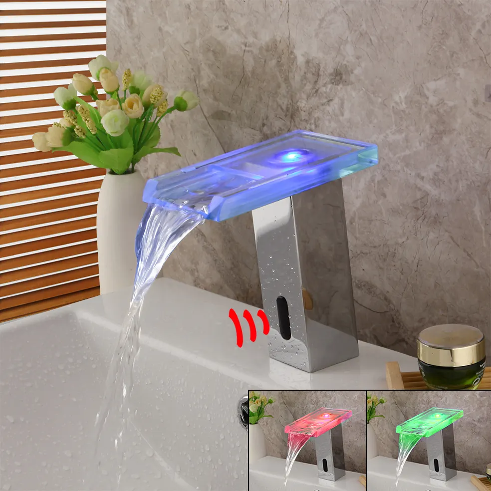 JIENI otomatik sensör banyo LED şelale bacalı musluk el ücretsiz musluk bataryası krom