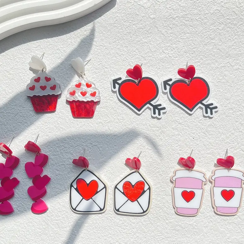 2024 New Sweet Design Valentine Gift Red Heart Acrylic Earrings For Girls