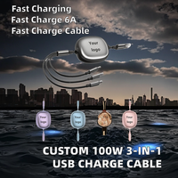 Câble de charge USB rétractable 3-en-1 personnalisé avec logo, 100W, bidirectionnel, télescopique, charge rapide 6A pour plusieurs imprimantes, TPE