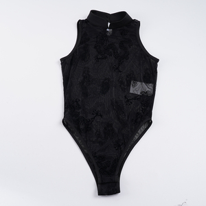 Combinaison en maille pour femme avec imprimé dragon sombre, sans manches, transparente, avec col mandarin et motif dragon brodé - Product Image 6