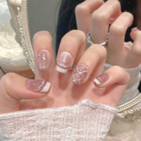 Faux ongles ronds élégants français à presser, en acrylique, couvrance totale, amande rose, effet œil de chat, perle, faits à la main, avec colle