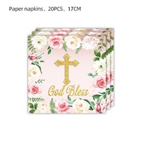 Packs de vaisselle jetable sur le thème du baptême du bébé, assiettes en papier de 7 pouces, gobelets, serviettes, fleurs roses, fête d'anniversaire, fête de naissance