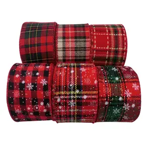 Cavo da 1/2 pollici Bordo di Lino Nastro Della Decorazione Di Natale Rosso e Verde Fiocco di Neve Buffalo Plaid Nastro 6 M/Roll