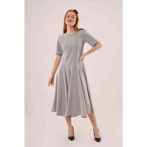 Robe longue grise pour femme Lustrin, vente en gros, avec détails cousus et manches courtes - Confortable, mélange polyester-viscose, longueur midi - Product Image 1