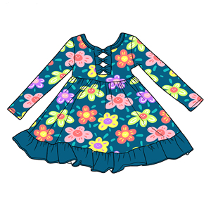 Vestito per Bambina con Stampa a Foglie e Maniche Lunghe in Seta di Latte con Fiocco sul Retro e Tulle - Product Image 6