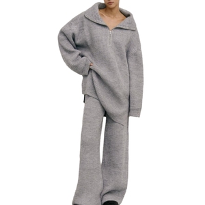 Simple Solid Color Half Zip Sweater <b>Knit</b> Straight Leg Pants Two Piece <b>Set</b> for Women Fashion - Product Image 1