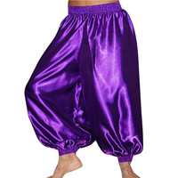 Pantalons de danse du ventre indiens pour femmes, en satin, amples, couleur unie, style hippie, pantalons