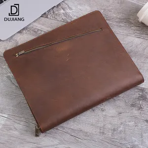 Handmade Genuine Leather Portfolio Business Zipper Tablet Portfolio Case Zipper Document Bag For A5 Size IPad Padfolio