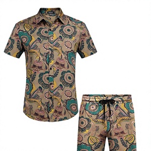 mens brown teal abstract floral mandala print <b>short</b> <b>sleeve</b> lapel <b>button</b> <b>up</b> <b>shirt</b> matching <b>shorts</b> 2 piece set casual hawaiian - Product Image 1