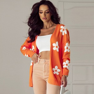 High Quality Customized <strong>Orange</strong> Floral Print Knitted Open Front Loose <strong>Cardigan</strong> for <strong>Women</strong> Casual Long Style for Winter - Product Image 3