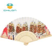 Éventail pliant en bambou avec motif peint et doublure en tissu – Style classique pour accessoires de danse féminine