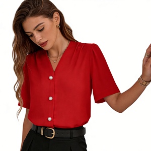 Chemisier pour femme, col en V, boutons perlés, manches courtes bouffantes, haut de bureau, chemise tendance - Product Image 3