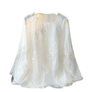 Chemisier décontracté pour femme, nouveau col chinois brodé en mousseline, écologique, respirant, printemps-été, motif uni, style national - Product Image 1