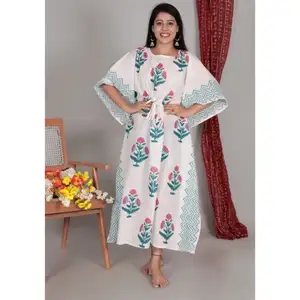 Cotton Kaftan Traditional Islamic Hand Block Print Embroidery Free Size Long Dress Kaftan for Muslim Women Casual Wear Dress