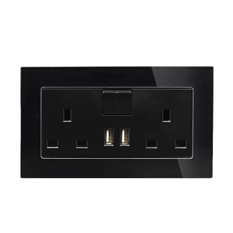 Black White UK BS British Fireproof Glass Panel 2 Gang Switch 13A 3 Pin Power Wall Socket With Double USB