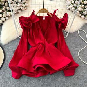 Ruffle Waisted Shirt Women's V-Neck Solid Color 3D Petal <b>Top</b> Fashion - Product Image 4