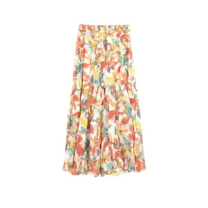 New Fashion Long Maxi A Line Elastic Waist Women Summer Spring S 2XL Cotton Poplin Print Big Hem Skirts