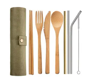 Groothandel Biologische Keuken Bestek Set Lepel Vork Mes Eetstokjes Bamboe Gebruiksvoorwerpen Met Tas En Reinigingsborstel Voor Reizen