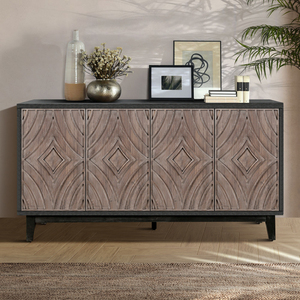 Mid Century Sideboard Buffet Cabinet 60 In Solid Wood Legs 4 Door Convex Diamond Pattern <b>Storage</b> Credenza <b>Kitchen</b> - Product Image 4