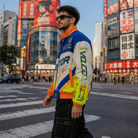 Jaket Balap Pria Warna-Blok Cetak Vektor Horizon Custom OEM Berkualitas Tinggi Streetwear Kerah Tegak Logo Depan Kasual