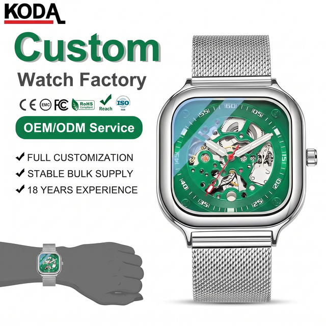Custom Men's Automatic Mechanical Skeleton Watch Square Green Dial Stainless Steel OEM Wholesale Watch Supply