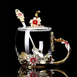 Enamel Cup Reusable Crystal Flower Coffee Water Enamel Daisy Glass Tea Coffee Drinking Cup