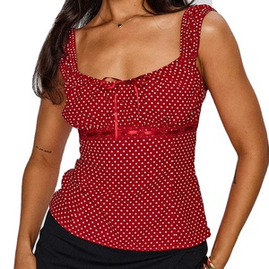 Top de Tirantes Rojo Casual de Primavera/Verano de Alta Calidad Personalizado con Detalle de Lazo, Cuello Cuadrado, Busto Fruncido y Ribete de Satén para Mujer - Product Image 2