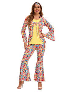 Traje Hippie Floral Vintage de los 70, Conjunto de 2 Piezas con Peluca, Chaleco y Pantalones de Campana para Fiesta Disco Retro - Product Image 6