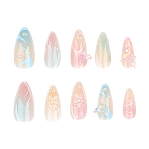 Ongles press-on 3D papillon courts en forme d'amande, couleur <span class=keywords><strong>pastel</strong></span> ombrée estivale avec décorations en strass et perles pour femmes - Product Image 3