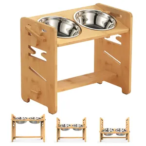 럭셔리 대나무 나무 조정 가능한 개 사료 그릇 스탠드 2 개의 스테인레스 스틸 그릇과 높은 제기 애완 동물 개 먹이 그릇