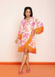 Robe imprimée mi-longue à enrouler avec dentelle, robe décontractée pour femme en tissu léger et flatteur - Product Image 2