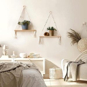 Set di 2 Mensole da Parete <span class=keywords><strong>in</strong></span> Legno - Mensole Galleggianti Boho Bianche con Macramè, Porta Piante Regolabile, Scaffale Rustico per Decorazione Murale - Product Image 3