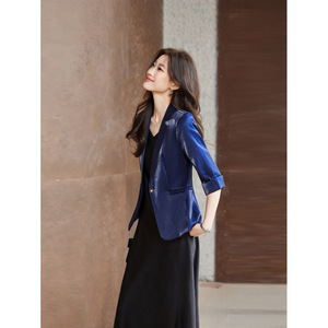 Women's Acetate Satin Blazer Three Quarter Sleeve Slim Fit Elegant Commuter Suit Top Solid Color - Product Image 2