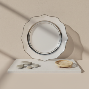 Service de table JC en <span class=keywords><strong>porcelaine</strong></span> fine <span class=keywords><strong>blanche</strong></span> avec bordure <span class=keywords><strong>argent</strong></span>ée, <span class=keywords><strong>assiette</strong></span> de présentation de forme irrégulière - Product Image 1