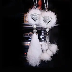 Islamic White Metal Fox Short Plush Fur Rear View Mirror Hanging Car Pendant