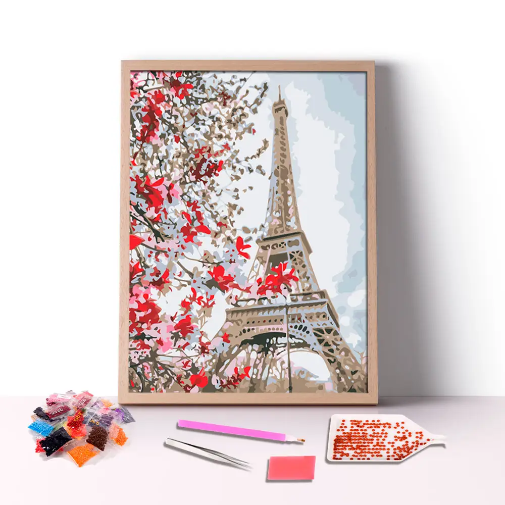 Pintura diamante 5d Torre Eiffel a través de flores de cerezo