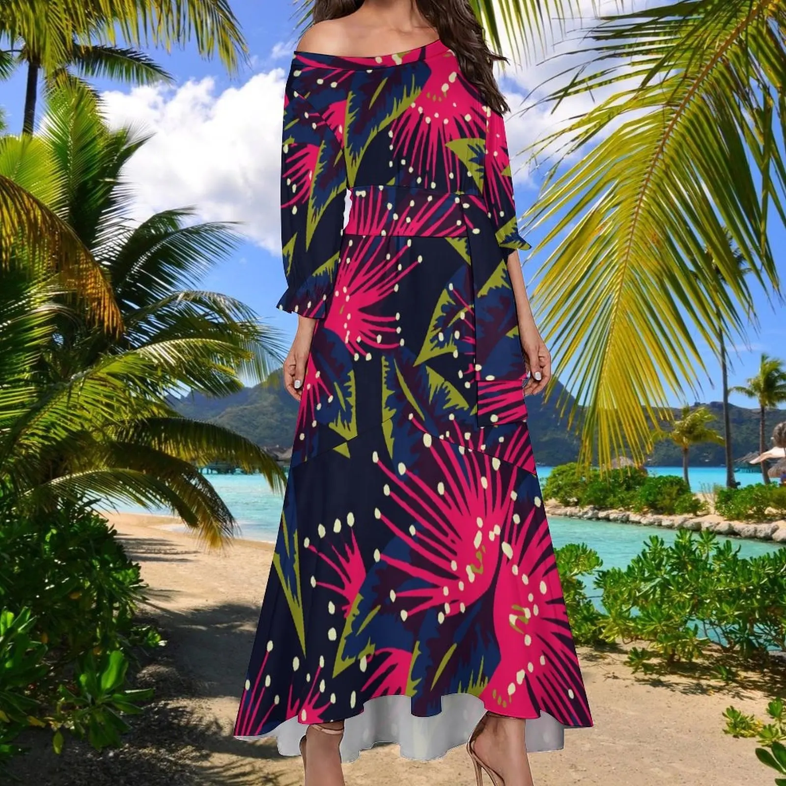 Custom Plus Size Casual Dress Custom Tropical Polynesian Style Pattern Casual Off Shoulder Long Mermaid Gown Dress For Women