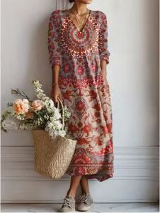 2026 Neues Afrikanisches Kraft <span class=keywords><strong>Tansen</strong></span> Pflanzenbedrucktes Langes Kleid V-Ausschnitt Locker Freizeit Urlaubskleid mit Taschen aus Baumwolle und Hanf - Product Image 3