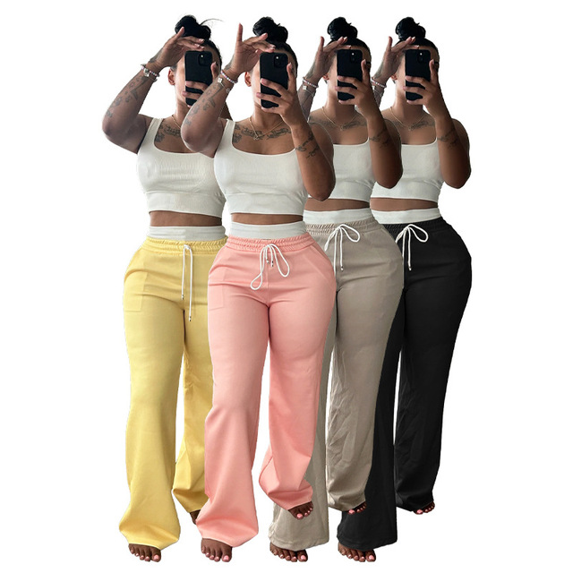 HR25021 2026 Women's Summer New Style Double High Waist Wide Leg Pants Suit 2 Piece Pant Set with Solid Top Two Piece Set Women