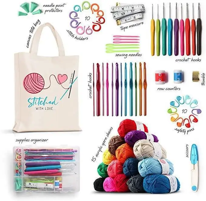 Vente en gros 73 pièces tricotage et couture kit d'accessoires de bricolage ensemble de crochet avec fil à crochet et ensemble de crochet