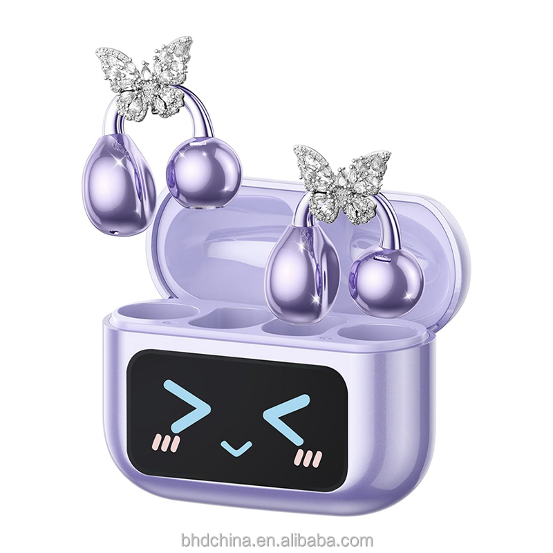Open Ear Clip on <strong>Earbuds</strong> with LED Display <strong>Butterfly</strong> Earrings Comfort Bluetooth 5.4 Wireless Ear Buds for Women