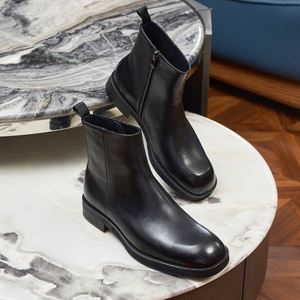 Bottes carrées pour hommes, printemps-été, style britannique rétro, à lacets, semelle épaisse, faites à la main, bottines hautes, antidérapantes, respirantes - Product Image 2