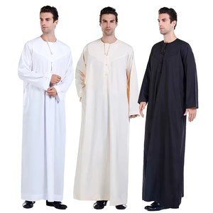 <b>Men's</b> Long Sleeve Cotton Thobe <b>Robe</b> Round Neck Floor Length Solid Color Breathable Modest Islamic Prayer Wear Middle East Style - Product Image 1