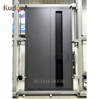 Porte d'entrée pivotante extérieure en aluminium gris moderne, résistante à l'eau, durable, avec panneaux latéraux en verre