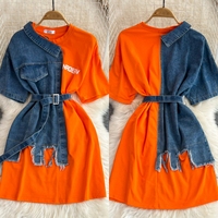 Robe d'été vintage pour femme, col rond, robe chemise en jean color block, taille cintrée avec ceinture, robe mi-longue décontractée pour femme