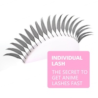 Precio de fábrica, nuevas extensiones de pestañas anime hechas a mano, marca privada, negras, suaves, pre-hechas, 12 filas, base afilada, ligeras